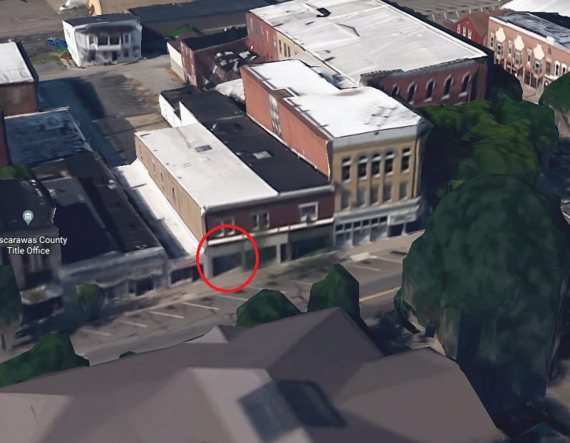 Location of Horace Hall's jewelry shop on the first block of East High Street. (Source: earth.google.com)