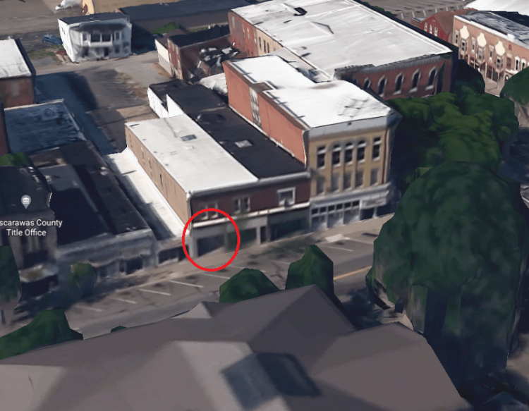 Location of Horace Hall's jewelry shop on the first block of East High Street. (Source: earth.google.com)
