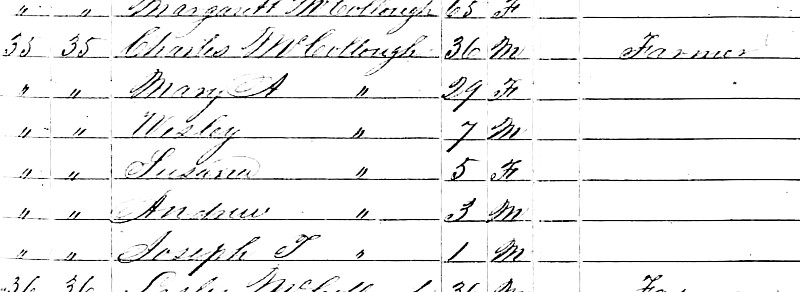 The family of Charles McCullough recorded on the 1850 census for Union Township, Tuscarawas County. (Source: familysearch.org)