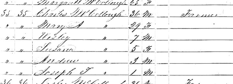 The family of Charles McCullough recorded on the 1850 census for Union Township, Tuscarawas County. (Source: familysearch.org)
