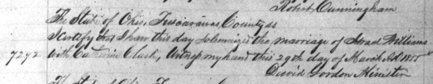 Record of the marriage of Israel J. Williams and Catherine Clark, March 1855. (Source: familysearch.org)