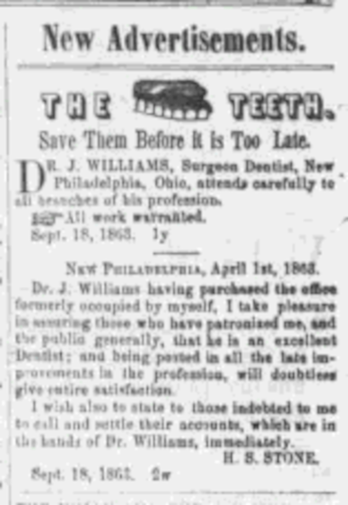 The newspaper advertisement promoting Israel J. Williams' purchase of the dentistry business of H.S. Stone, September 1863. (Source: newspaperarchive.org)