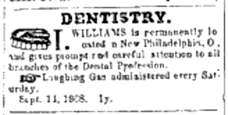 Israel Williams' advertisement in the New Philadelphia newspaper offering laughing gas, September 1868. (Source: newspaperarchive.org)