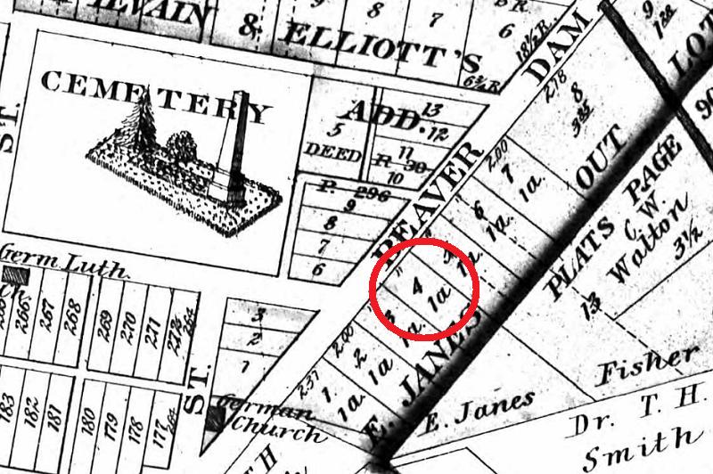 The location of the Wise House on the 1875 Atlas of Tuscarawas County. (Source: familysearch.org)