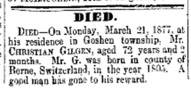 The death of Christian Gilgen reported in the New Philadelphia newspaper, May 1877. (Source: newspaperarchive.org)