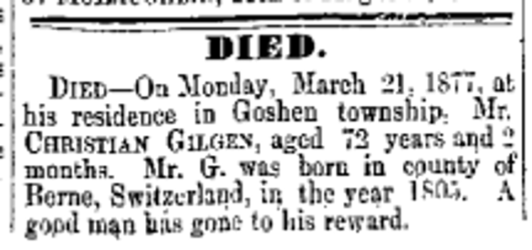 The death of Christian Gilgen reported in the New Philadelphia newspaper, May 1877. (Source: newspaperarchive.org)