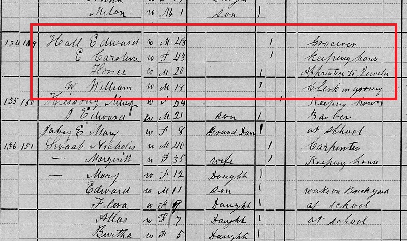 The Hall family recorded on the 1880 census. Note that Horace is recorded as being an "apprentice to jeweler" at the time. (Source: familysearch.org)