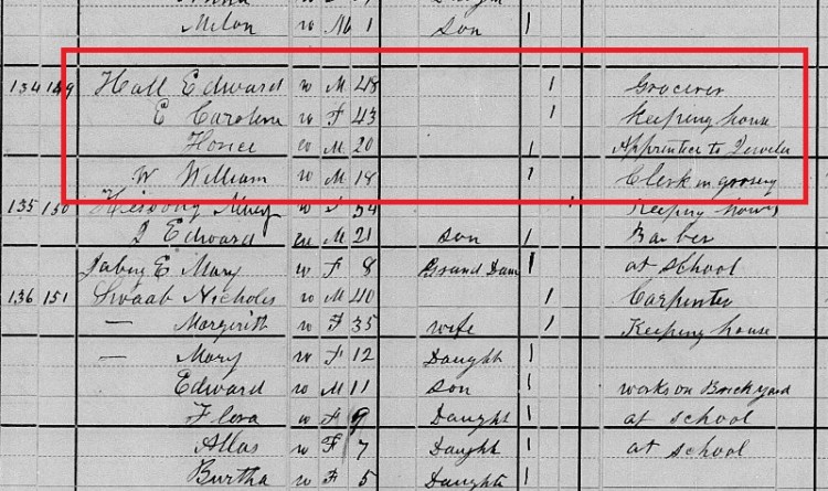 The Hall family recorded on the 1880 census. Note that Horace is recorded as being an "apprentice to jeweler" at the time. (Source: familysearch.org)