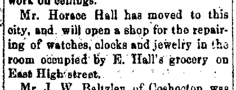 Announcement of the opening of Horace Hall's jewelry business in the New Philadelphia newspaper, November 1882. (Source: newspaperarchive.com)