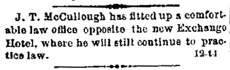 The first reference to Joseph McCullough as an attorney in New Philadelphia, from a local newspaper, June 1884. (Source: newspaperarchive.org)