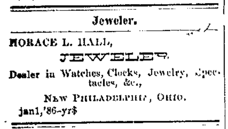 Advertisement for Horace Hall's jewelry business in the New Philadelphia newspaper, December 1886. (Source: newspaperarchive.com)