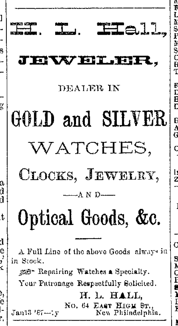 Advertisement for Horace Hall's jewelry business in the New Philadelphia newspaper, March 1887. (Source: newspaperarchive.com)