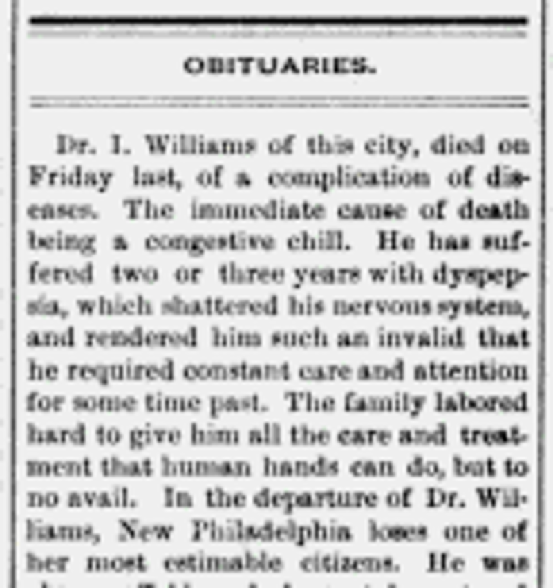 Israel Williams' obituary in the New Philadelphia newspaper, August 1887. (Source: newspaperarchive.org)