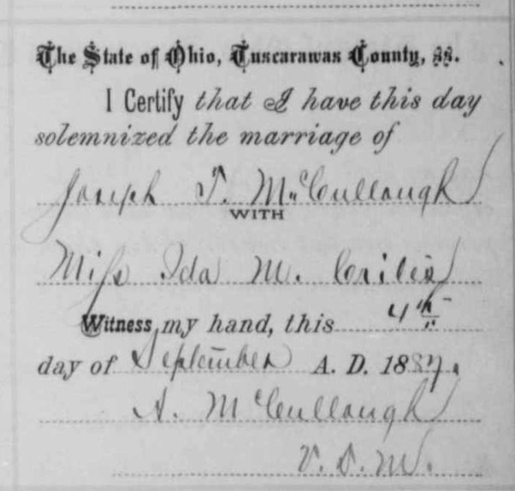 Record of the marriage of Joseph T. McCullough and Ida May Crites, September 1887. (Source: familysearch.org)