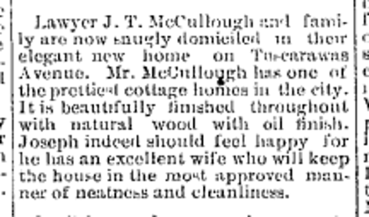 Newspaper report about the McCullough house following its completion, January 1892. (Source: newspaperarchive.org)