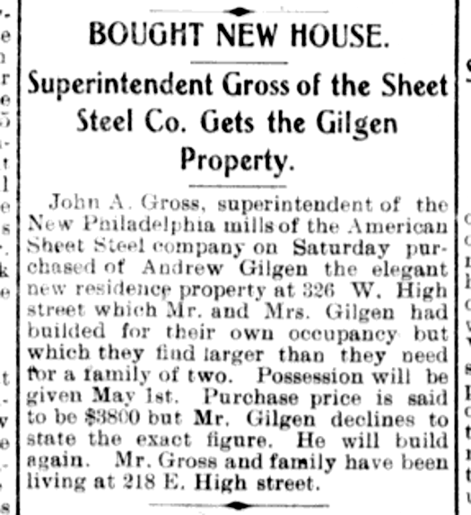 Report of the sale of the Gilgen House to John A Gross, April 1903. (Source: newspaperarchive.com)