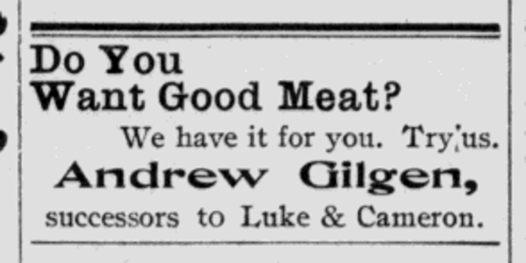 An advertisement for Andrew Gilgen's butcher shop in the New Philadelphia newspaper, 1905. (Source: newspaperarchive.com)