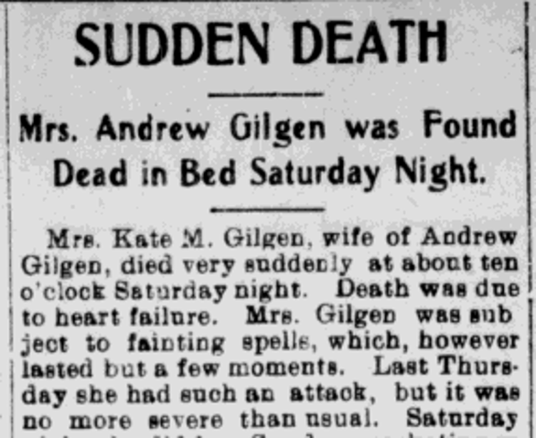 Catherine Gilgen's death reported in the New Philadelphia newspaper, May 1906. (Source: newspaperarchive.com)