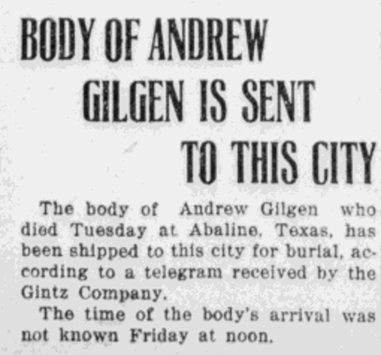 Andrew Gilgen's death reported in the New Philadelphia newspaper, April 1919. (Source: newspaperarchive.com)