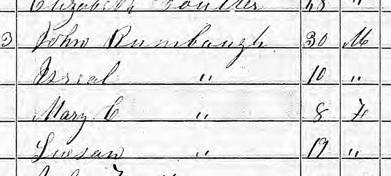 Israel Rumbaugh listed with his father and siblings on the 1850 census for Armstrong County, Pennsylvania. (Source: familysearch.org)