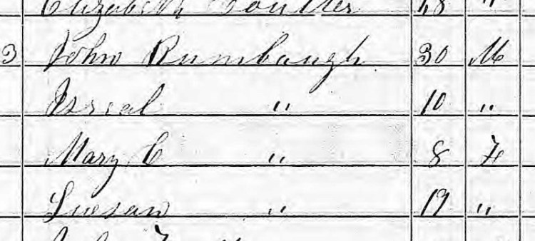 Israel Rumbaugh listed with his father and siblings on the 1850 census for Armstrong County, Pennsylvania. (Source: familysearch.org)