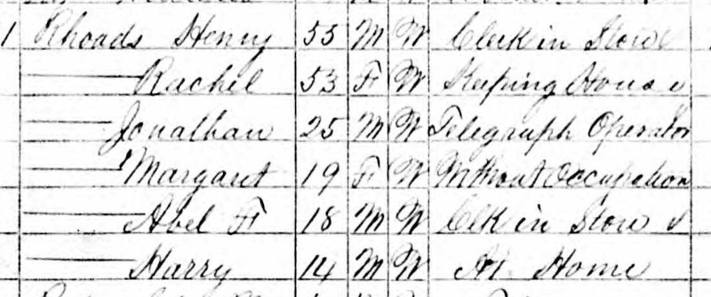 The Rhoads family listed on the 1870 census record for Waynesburg, Stark County, Ohio. (Source: familysearch.org)