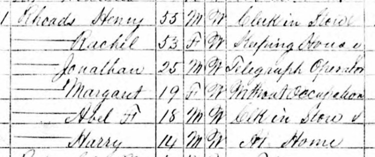 The Rhoads family listed on the 1870 census record for Waynesburg, Stark County, Ohio. (Source: familysearch.org)