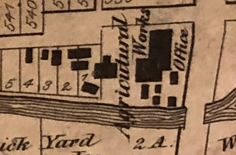 One of the earliest known depiction of the English & Dixon Agricultural Work from an 1870 map of New Philadelphia. (Source: Tuscarawas County Historical Society).