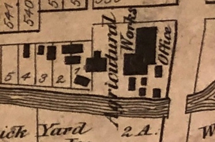 One of the earliest known depiction of the English & Dixon Agricultural Work from an 1870 map of New Philadelphia. (Source: Tuscarawas County Historical Society).