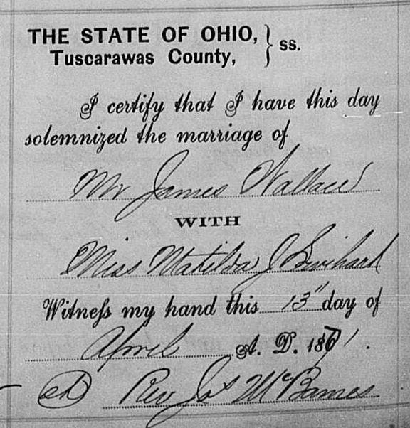 Record of the marriage of James Wallace and Mathilda Helmick Swihart, April 1871. (Source; familysearch.org)