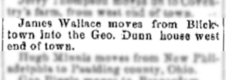 The report of James Wallace acquiring the home of George Dunn on West Front Street, April 1873. (Source: newspaperarchive.com)