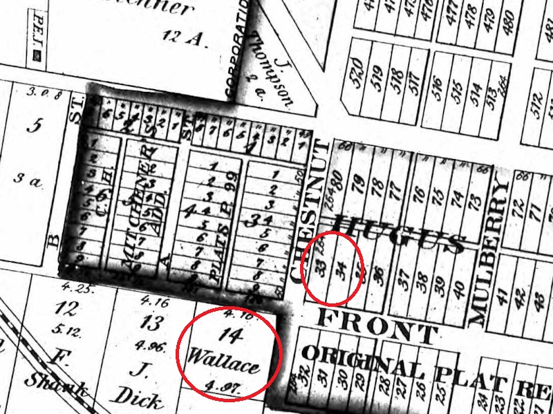 The location of the Wallace House, and New Philadelphia property, on the 1875 Tuscarawas County Atlas. (Source: ancestry.com)