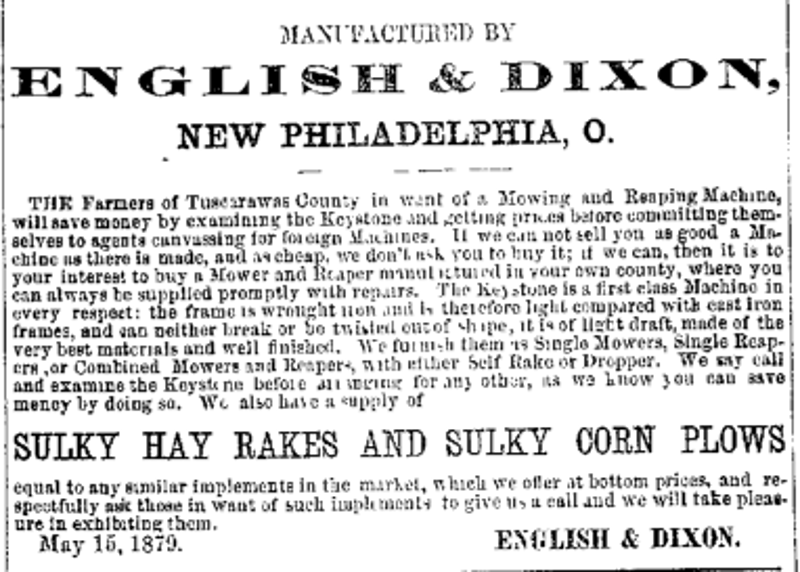 An English & Dixon advertisement that appeared in the New Philadelphia newspaper in May 1879. (Source: newspaperarchive.com)
