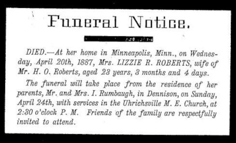The death of Israel and Catherine Rumbaugh's daughter Lizzie is reported in the local newspaper, 1887. (Source: findagrave.com)