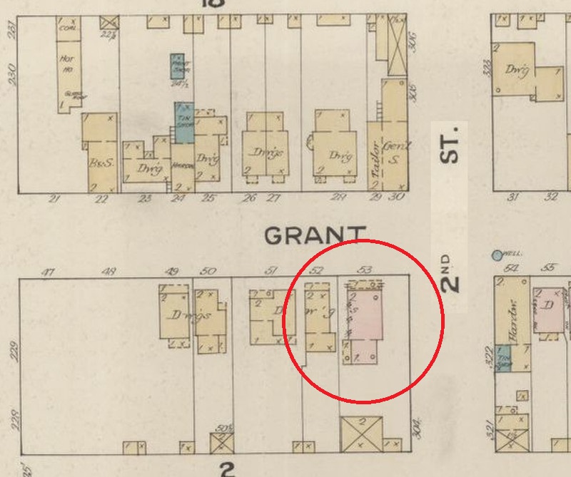 The Rumbaugh House depicted on the 1887 Sanborne Fire Insurance Map for Dennison, Ohio. (Source: loc.gov)
