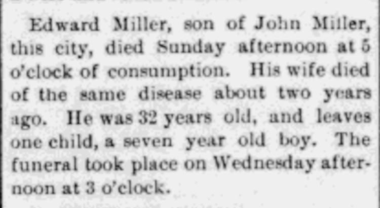 Death of John and Lydia Miller's son Edward reported in the New Philadelphia newspaper. (Source: newspaperarchive.org)