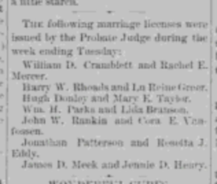 Newspaper report of the marriage of Harry W. Rhoads and Mary LuReine Greer in Belmont County, Ohio, 1888. (Source: newspaperarchive.com)