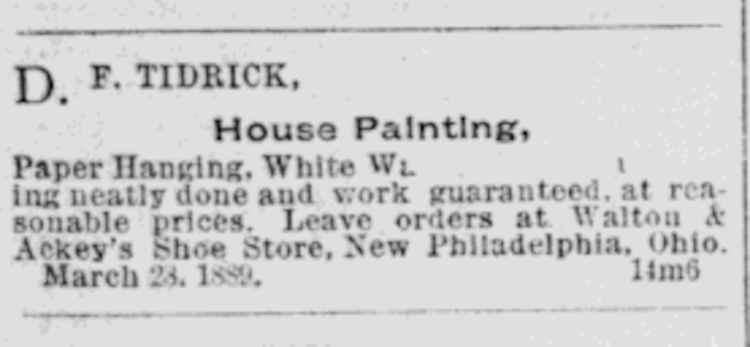Durlin Tidrick advertising his skills in the New Philadelphia newspaper in 1889. (Source: newspaperarchive.com)