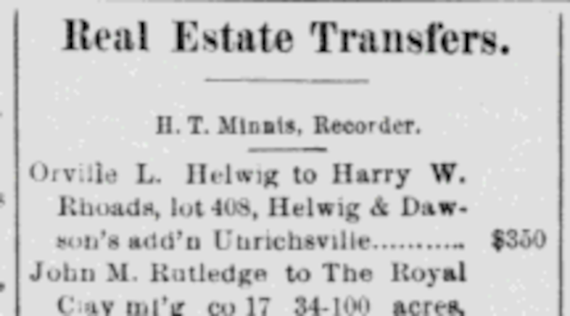 Account of Harry W. Rhoads' purchase of the lot in Uhrichsville, Ohio where he built his home, 1892. (Source: newspaperarchive.org)