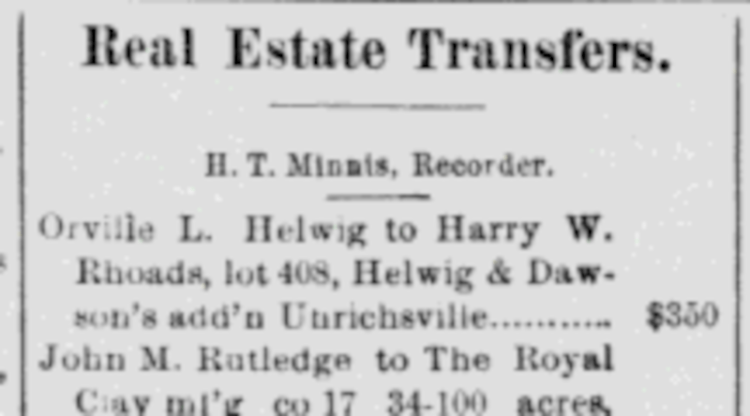Account of Harry W. Rhoads' purchase of the lot in Uhrichsville, Ohio where he built his home, 1892. (Source: newspaperarchive.org)