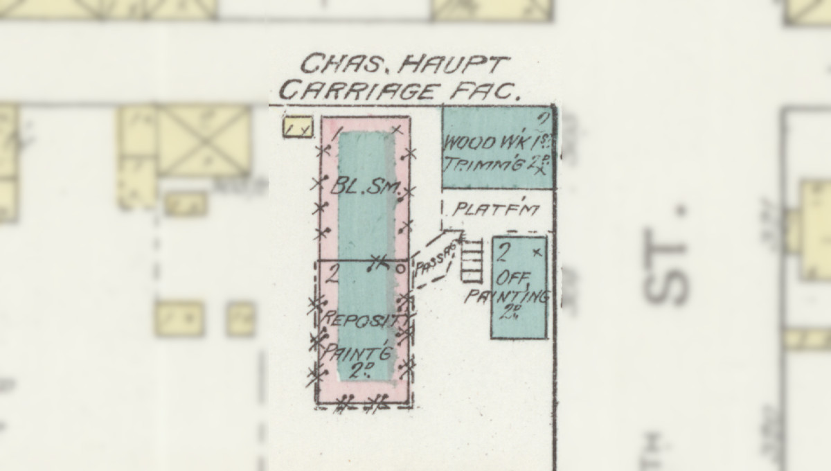 The carriage making shop of Charles Haupt depicted on the 1887 Sanborne Fire Insurance Map. (Source: loc.gov)