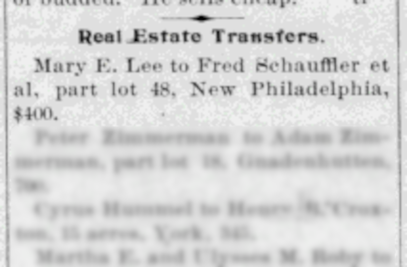 The Shauffler purchase of lot #48 reported in the New Philadelphia newspaper, October 1894. (Source: newspaperarchive.com)