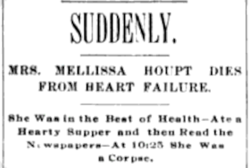 Melissa Houpt's death reported in a Canton, Ohio newspaper, November 1896. (Source: genealogybank.com)