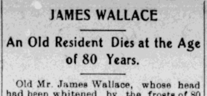Newspaper headline reporting the death of James B. Wallace, March 1905. (Source: newspaperarchive.org)