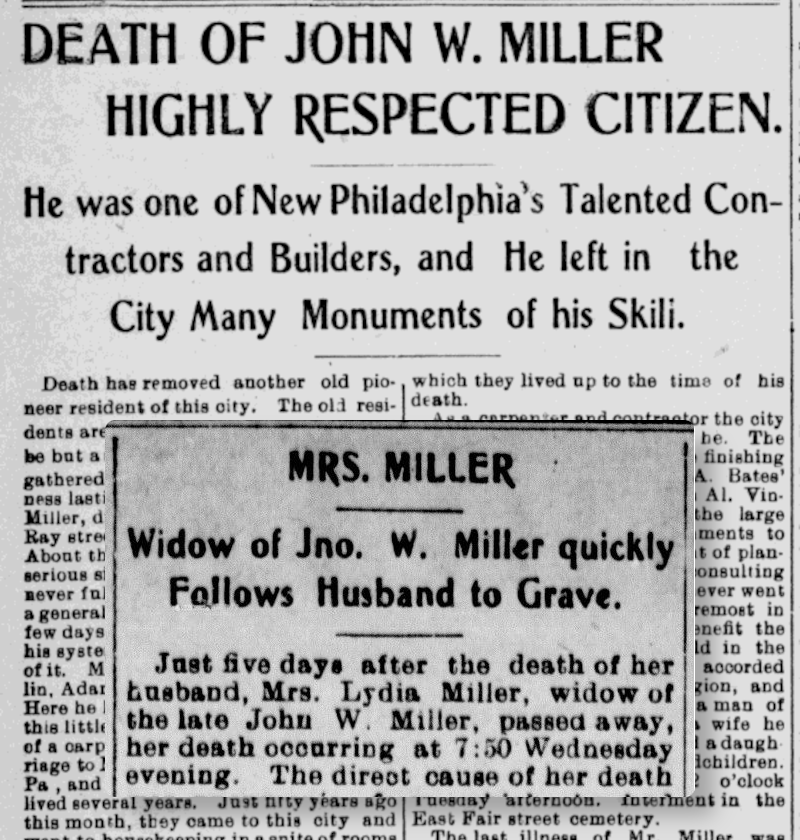 The obituaries of John and Lydia Miller printed in the New Philadelphia newspaper, March 1906. (Source: newspaperarchive.org)