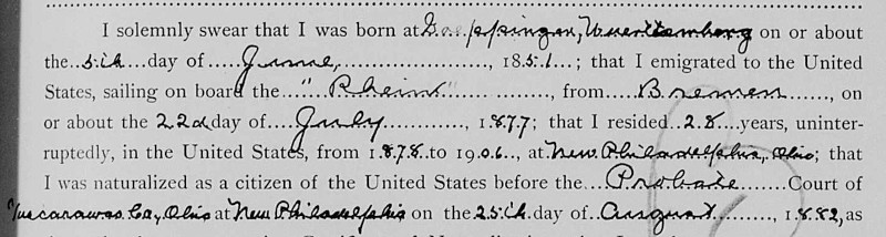 Frederick Schauffler listed his hometown as Göppingen in Germany on his 1906 United States Passport Application. (Source: familysearch.org)