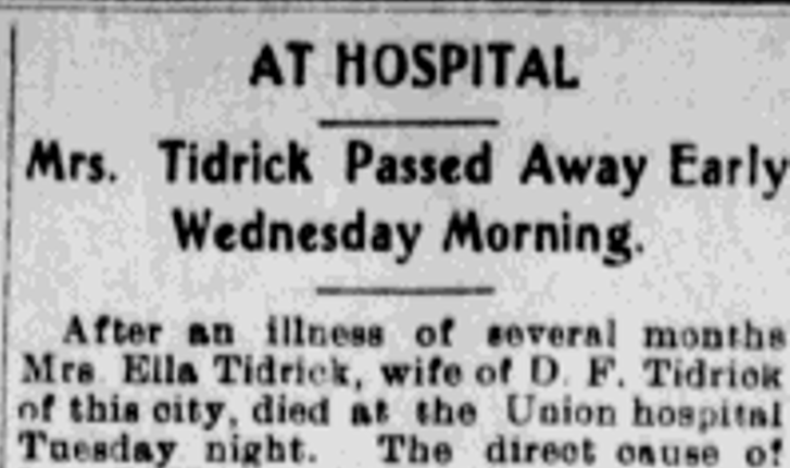 Ella Tidrick's death reported in the New Philadelphia newspaper, March 1907. (Source: newspaperarchive.com)