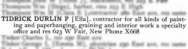 Durlin Tidrick listed at his Fair Street address in the 1907 New Philadelphia City Directory. (Source: ancestry.com)
