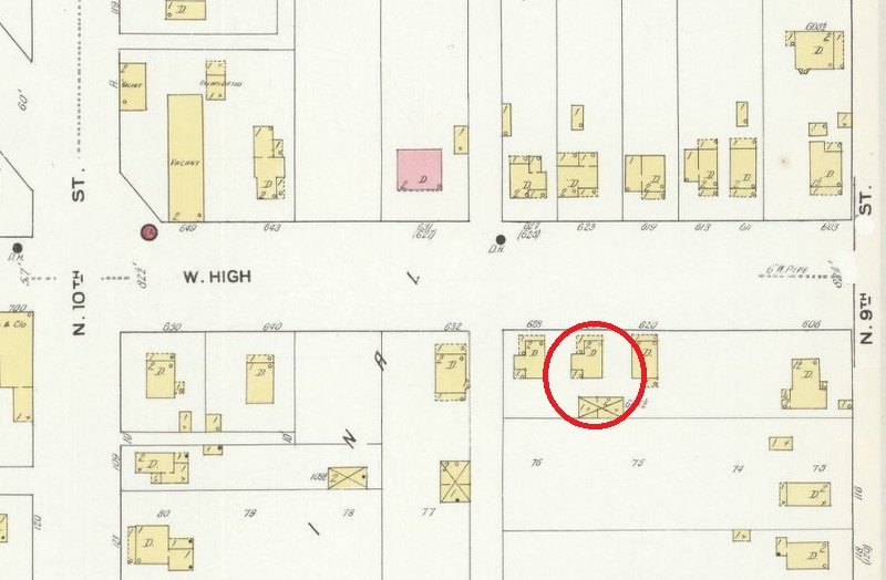 The newly constructed Tidrick House on West High Street depicted on the 1910 Sanborne Fire Insurance Map. (Source: loc.gov)