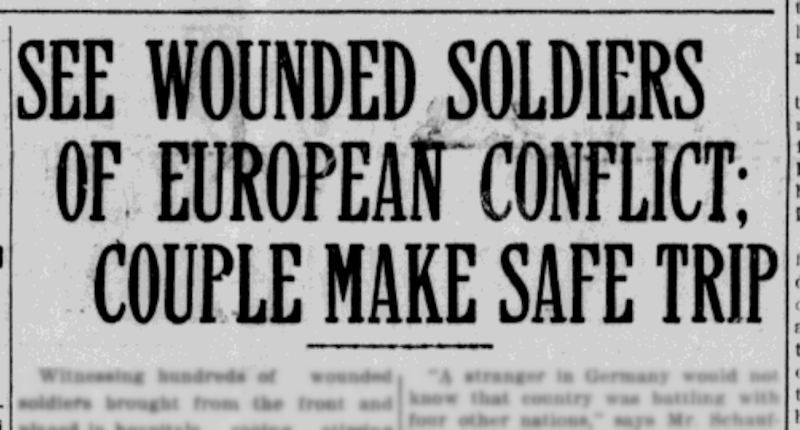 Headline about the Schauffler's return from Germany, October 1914. (Source: newspaperarchive.com)